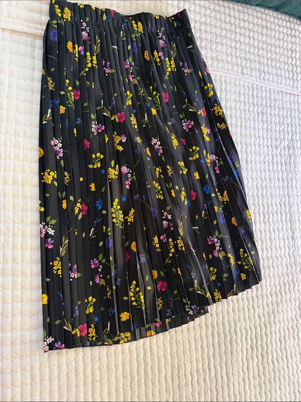 Zara Black Pleated Midi Skirt with Yellow, Pink & Blue Floral Print